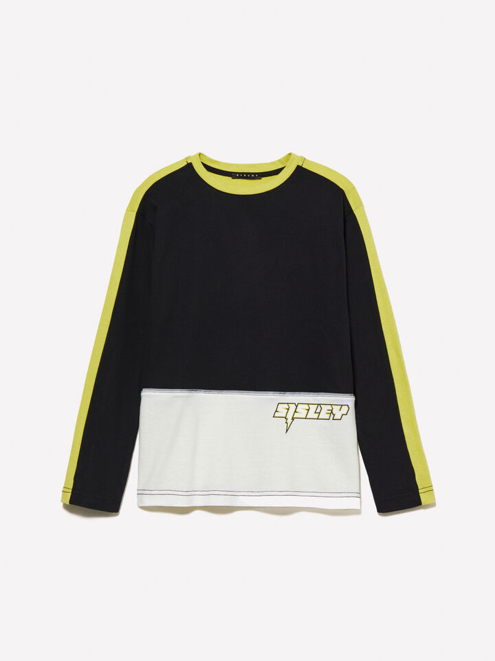 Yellow color block t-shirt with print - boys' long sleeve t-shirts - Multi-color | Sisley Young image number 1